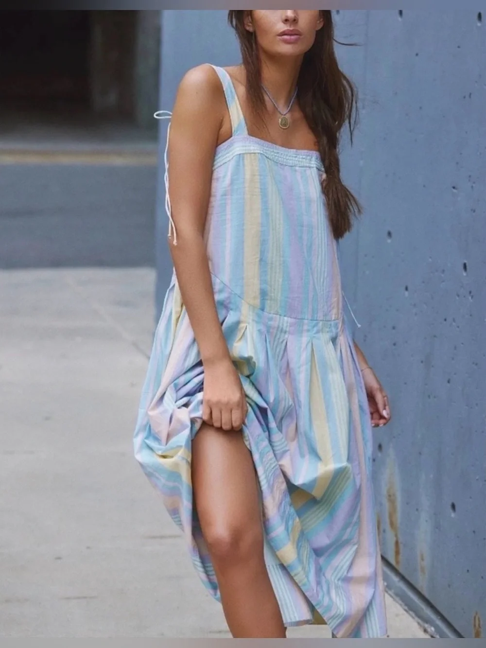 Free people Primavera Stripe cotton midi dress multicolor pockets sz L Boho